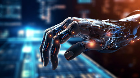 Illustration showcases the synergy between a robot and a human, hand connected by a lightning bolt. It represents the integration of deep learning algorithms, automation, and modern technology, including artificial intelligence within the business. AI generative.の素材