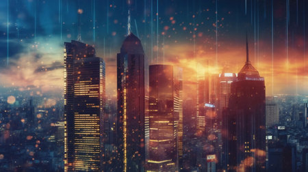 Innovative vision of business success and wealth management is depicted through real estate investment analysis, showcasing a stack of coins alongside a growth graph. Strategic planning aims to maximize profits, while the concept incorporates future urban and corporate architecture. skyscraper facade. AI generative.の素材