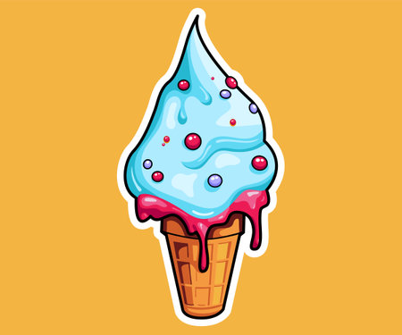 Sweet ice cream melting balls in the waffle cone isolated on background. Vector flat outline icon, label, sticker. Comic character in cartoon style illustration for t shirt design.のイラスト素材