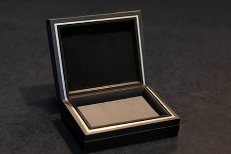 Open black empty jewelry box mockup. Template for bijouterie sale advertisement. AI Generativeの素材