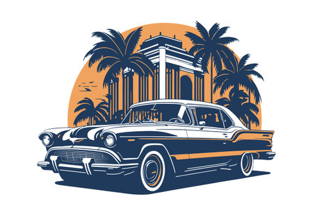Classic american car in sun city with palm. Vintage vehicle vector illustration. Modern print design of retro machine.のイラスト素材