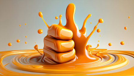 Delicious melted caramel love. Flow, wave and drops splash caramels sauce. Sweet food design. AI Generativeの素材