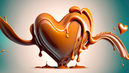 Delicious melted caramel heart. Flow, wave and drops splash caramels sauce. Love sweet food design. AI Generativeの素材