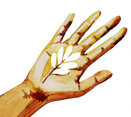 Colorful watercolor art of human hand palm print. Concept of diverse people, multi ethnic and cultural diversity. AI generative.の素材
