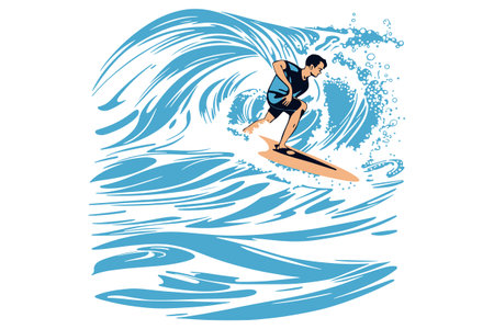 Surfing on a wave in the ocean. Surf rider on big waves. Surfer vector illustration in flat design for t shirt print or club banner.のイラスト素材