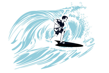 Surfing on a wave in the ocean. Surf rider on big waves. Surfer vector illustration in flat design for t shirt print or club banner.のイラスト素材