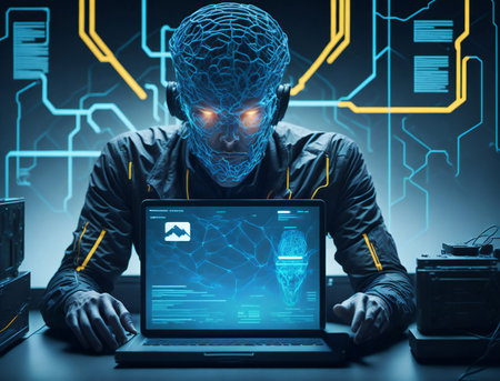 man and cyber technologies. The evolution of employee development. relationship between human and computer. AI Generativeの素材