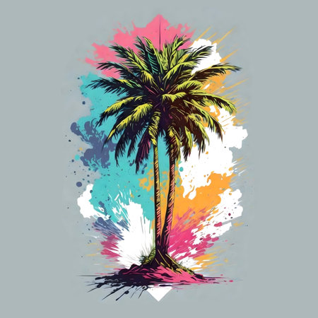 Illustration of a tropical sunset and palm trees on a small vacation island paradise. Art for t-shirt print. AI generative.の素材