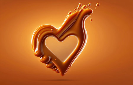 Delicious melted caramel heart. Flow, wave and drops splash caramels sauce. Love sweet food design.の素材
