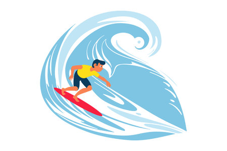 Surfing on a wave in the ocean. Surf rider on big waves. Surfer vector illustration in flat design for t shirt print or club banner.のイラスト素材