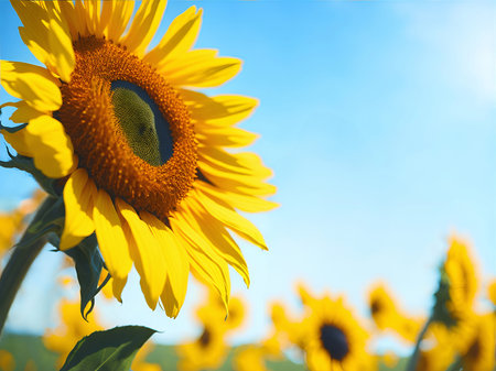 Gold sunflower on horizontal blur background with copy space.の素材