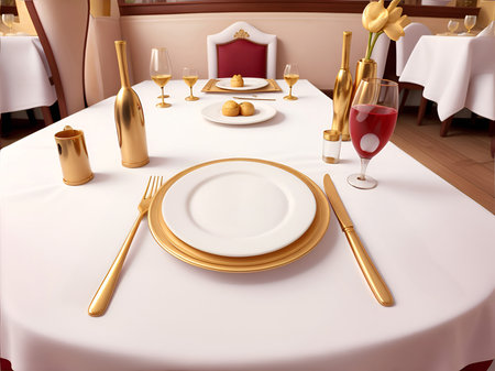 Template empty plate in an expensive luxury restaurant. Tableware serving mockup, copy space.の素材