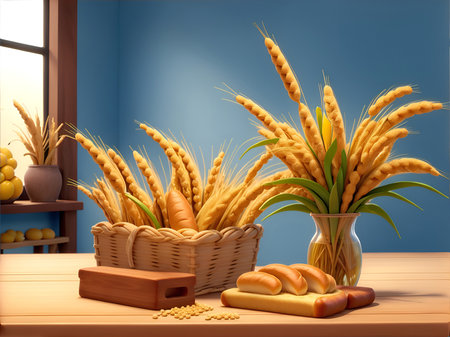 Concept of abundance and harvest, bread and ears of wheat. Stop hunger in the world.の素材