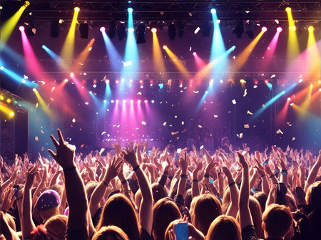 Crowd at a concert with hands up. Scene stage lights, rock show performance, with people silhouette during a festival.の素材