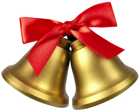 Golden glossy cut out bell with red bow, isolatedの素材