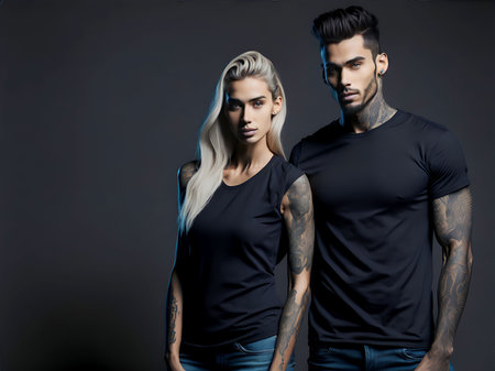 Portrait of a model with a tattoo wearing a black T shirt. Clothing mockup in youth trendy brutal style.の素材