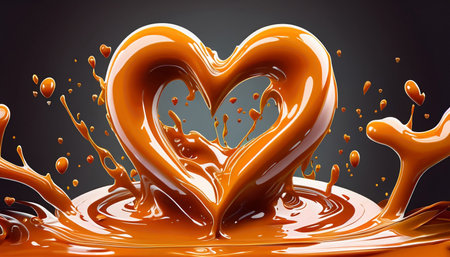 Delicious melted caramel heart. Flow, wave and drops splash caramels sauce. Love sweet food design. AI Generativeの素材