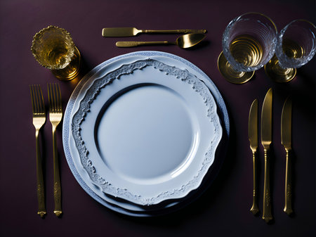 Template empty plate in an expensive luxury restaurant. Tableware serving mockup, copy space.の素材