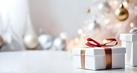 Christmas decoration and New Year Holidays composition on desk with blur background and copy space.の素材