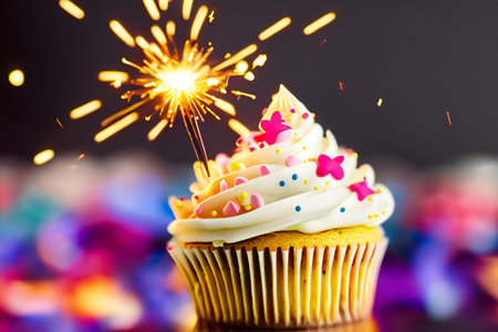 Cupcake for birthday party celebrate. Festive background with cake and copy space.の素材