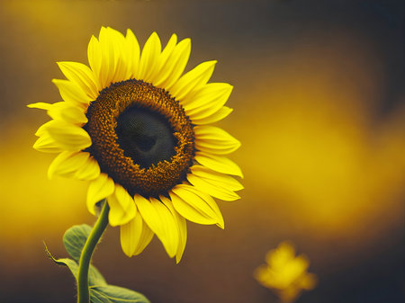 Gold sunflower on horizontal blur background with copy space.の素材