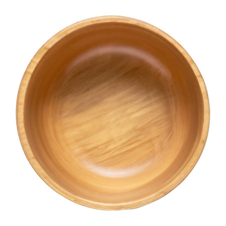 Top view of empty wooden bowl isolated on background. Clean plate dish cut out.の素材