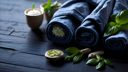 Spa composition with towels, aromatic oil, foliage on a massage table in wellness center.の素材