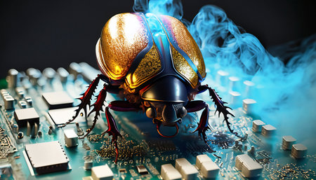 Beetle attacks and destroys electronics. Concept of computer virus, bug and malicious software code.の素材