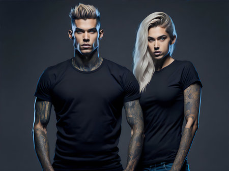 Portrait of a model with a tattoo wearing a black T shirt. Clothing mockup in youth trendy brutal style.の素材