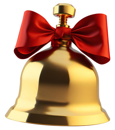 Golden glossy cut out bell with red bow, isolatedの素材