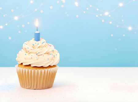 Cupcake for birthday party celebrate. Festive background with cake and copy space.の素材