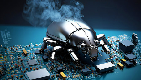 Beetle attacks and destroys electronics. Concept of computer virus, bug and malicious software code.の素材