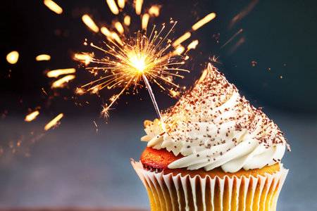 Cupcake for birthday party celebrate. Festive background with cake and copy space.の素材