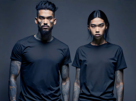 Portrait of a model with a tattoo wearing a black T shirt. Clothing mockup in youth trendy brutal style.の素材