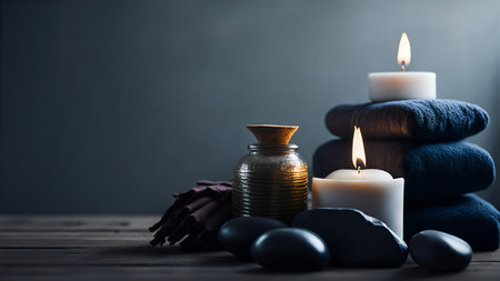 Spa composition with towels, aromatic oil, foliage on a massage table in wellness center.の素材