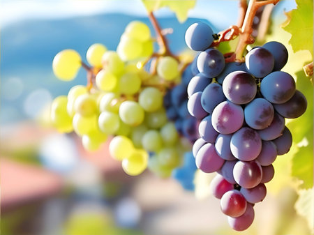 Horizontal blur wallpaper with group of grapes. Detailed image violet grape outside.の素材