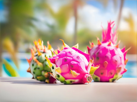 Horizontal blur wallpaper with tropical pitaya. Detailed image of tropical dragon fruit.の素材