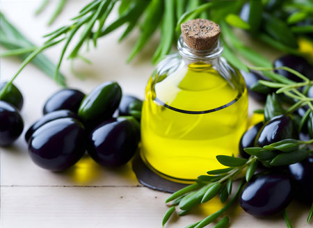 Olives for pouring extra virgin olive oil. Healthy italian food composition.の素材