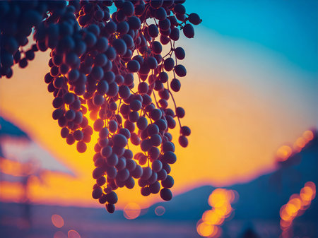 Horizontal blur wallpaper with group of grapes. Detailed image violet grape outside.の素材