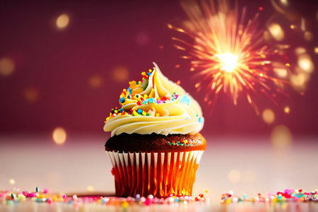 Cupcake for birthday party celebrate. Festive background with cake and copy space.の素材
