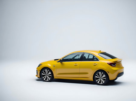 Realistic car model on performance. Shiny elegant vehicle with reflection. Auto in garage.の素材