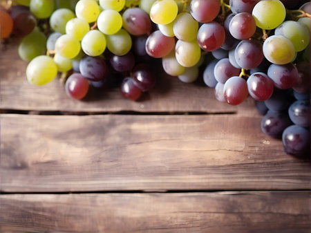 Horizontal blur wallpaper with group of grapes. Detailed image violet grape composition.の素材