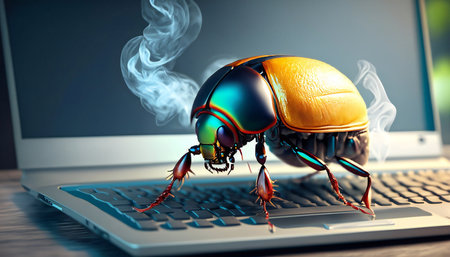 Beetle attacks and destroys electronics. Concept of computer virus, bug and malicious software code.の素材