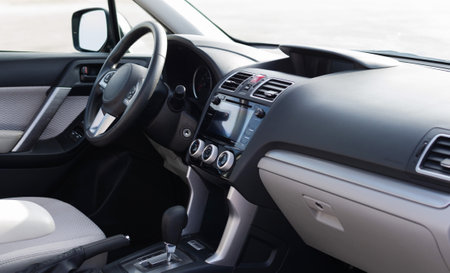 Automobile interior, inside vehicle gray panel with beige luxury salon.の写真素材