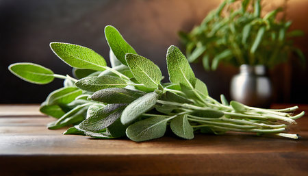 Sage leaf medicine herbal ingredient. Close up health aromatherapy herb.の素材