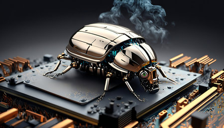 Beetle attacks and destroys electronics. Concept of computer virus, bug and malicious software code.の素材