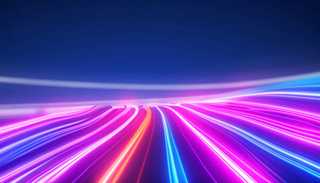 Abstract futuristic background with pink blue neon lines glowing in ultraviolet light motion, and bokeh lights.の素材