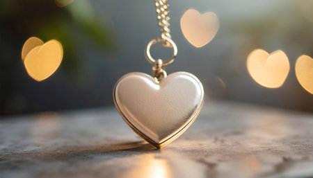 Glowing shiny gold heart keychain for romantic valentine day or wedding date ceremony. Blur horizontal image with copy space.の素材
