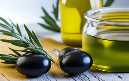 Olives for pouring extra virgin olive oil. Healthy italian food composition.の素材