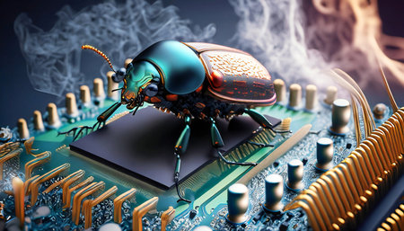 Beetle attacks and destroys electronics. Concept of computer virus, bug and malicious software code.の素材